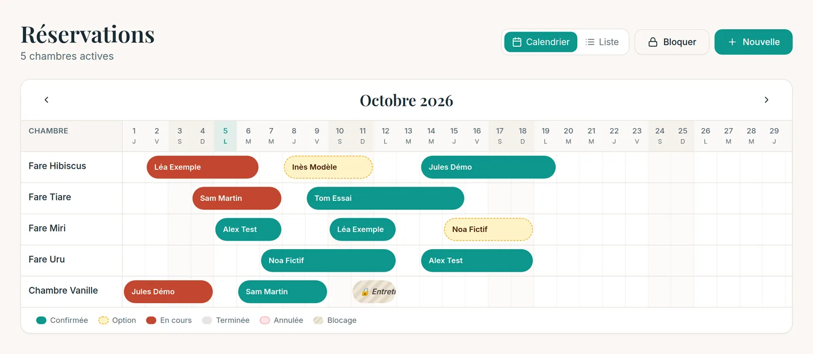 Calendrier ManaPension avec cinq chambres et leurs séjours