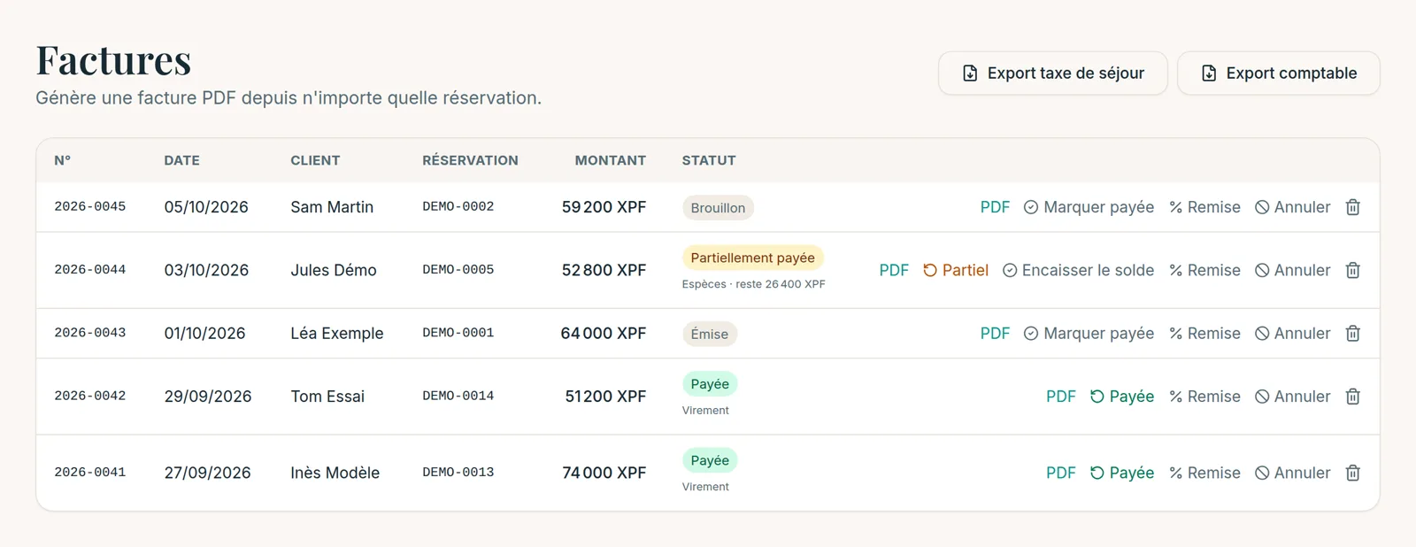Liste des factures avec montants, statuts et exports